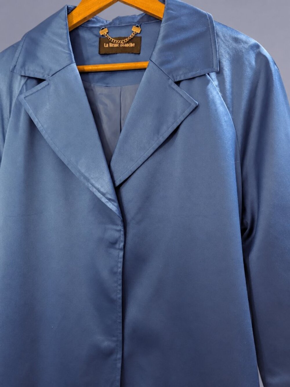 Royal Blue Satin Trench Coat Dress Belted 3/4 Sleeves Lined - Picture 4 of 8